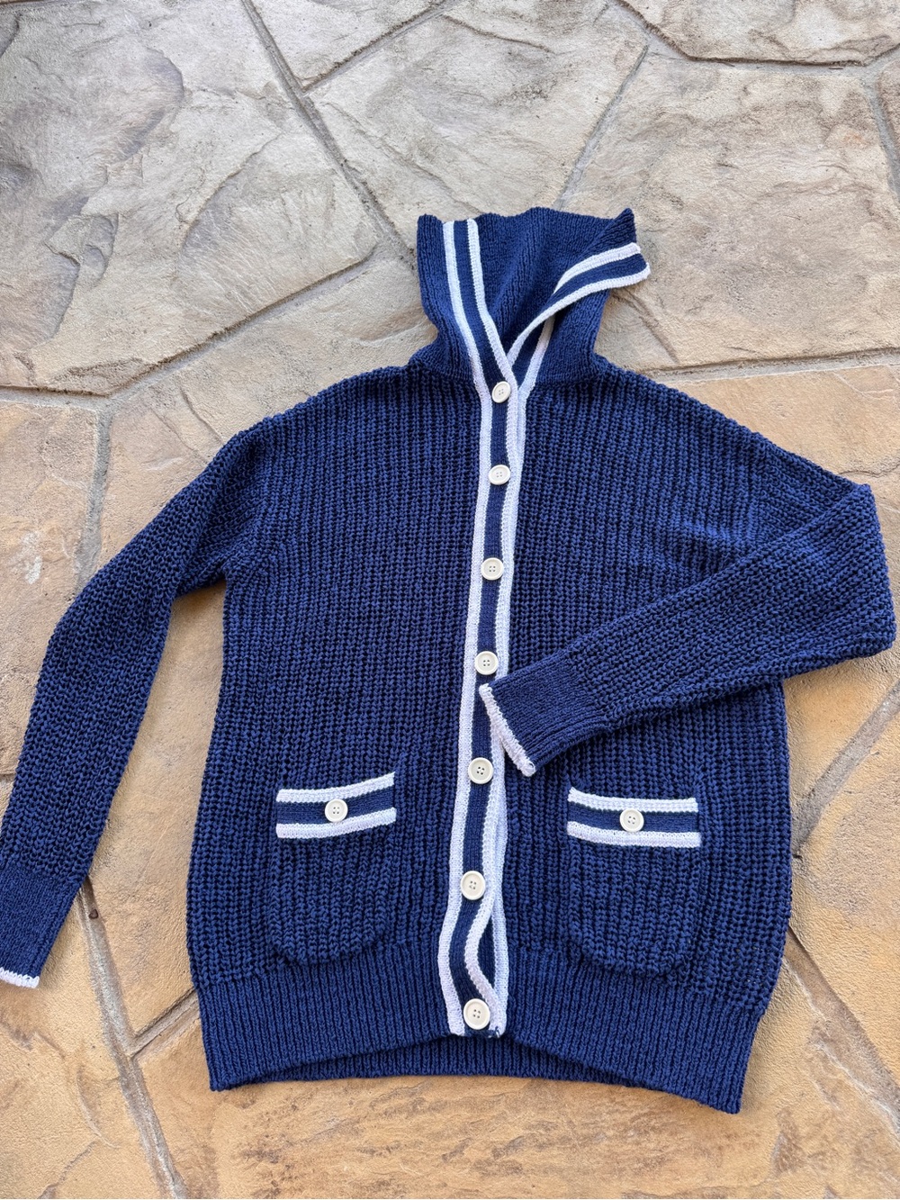 J.Crew Textured Sailor Cardigan Navy White Cotton Blend Size M